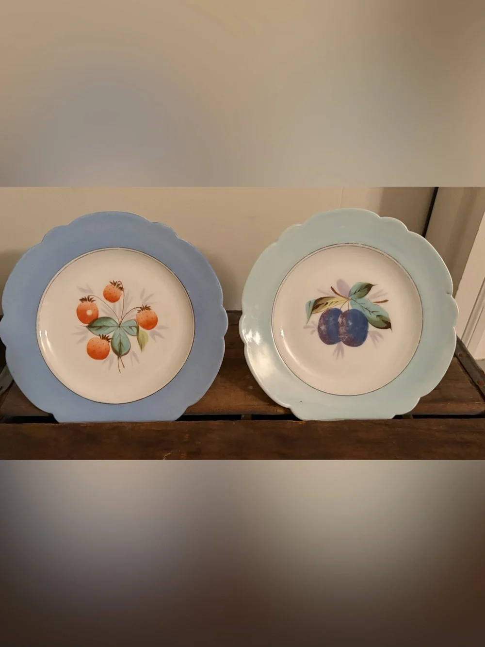 Hand-Painted Fruit Scalloped Edge Decorative Plate Pair - Blue & Light Blue